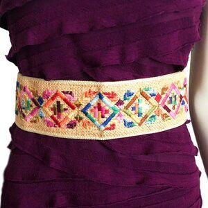 Boho Embroidered Wide Waist Tie Belt w/ Tassels | Geometric Folk Artisan | 25”